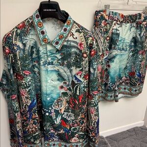 Men’s Floral Jungle Print Shirt and Shorts Set Asian XXL =USA XL